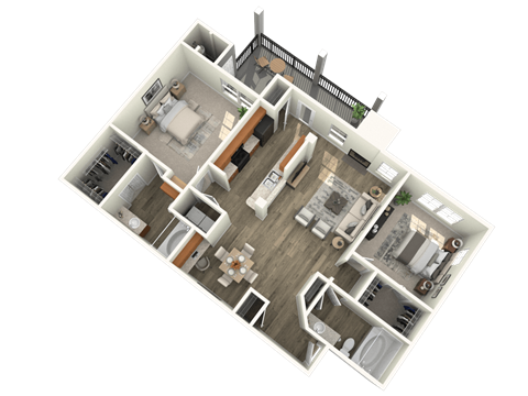 A 3D floor plan of a house with a kitchen, living room, and bedrooms.